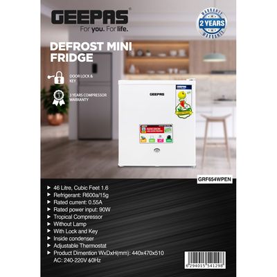 Defrost Mini Fridge 60L Door Lock and Key Low Noise Design Compact Powerful Compressor Energy Saving Fast Freezing Adjustable Thermostat GRF654WPEN White