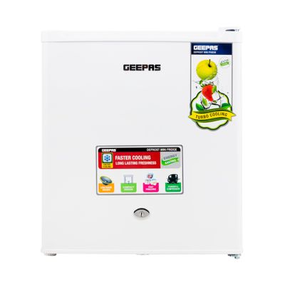 Defrost Mini Fridge 60L Door Lock and Key Low Noise Design Compact Powerful Compressor Energy Saving Fast Freezing Adjustable Thermostat GRF654WPEN White