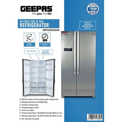 650L Gross/521L Net Capacity No Frost Side By Side Refrigerator With Inverter Compressor, Tempered Glass Shelf, Twist Ice Maker, LED Lighting, Digital Control Temperature Display  Fridge - 344L/Freezer- 177L capacity GRFS6521SXHN Silver