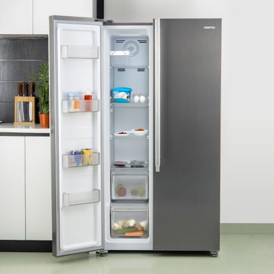 650L Gross/521L Net Capacity No Frost Side By Side Refrigerator With Inverter Compressor, Tempered Glass Shelf, Twist Ice Maker, LED Lighting, Digital Control Temperature Display  Fridge - 344L/Freezer- 177L capacity GRFS6521SXHN Silver