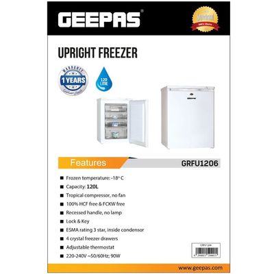 120L Gross/ 85L Net Capacity Upright Freezer With Tropical Compressor, No Fan, Recessed Handle, Lock & Key, 4 Crystal Freezer Drawers, Adjustable Thermostat, 100% HCF & FCKW Free, Inside Condensor 0 W GRFU1206 White