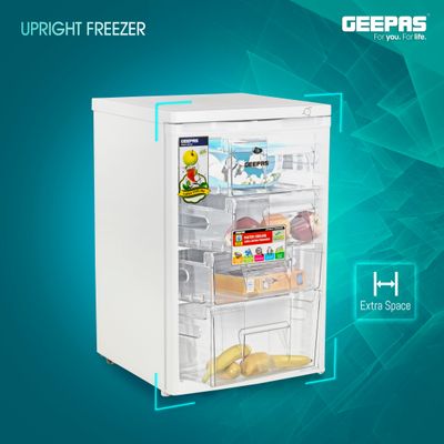 120L Gross/ 85L Net Capacity Upright Freezer With Tropical Compressor, No Fan, Recessed Handle, Lock & Key, 4 Crystal Freezer Drawers, Adjustable Thermostat, 100% HCF & FCKW Free, Inside Condensor 0 W GRFU1206 White