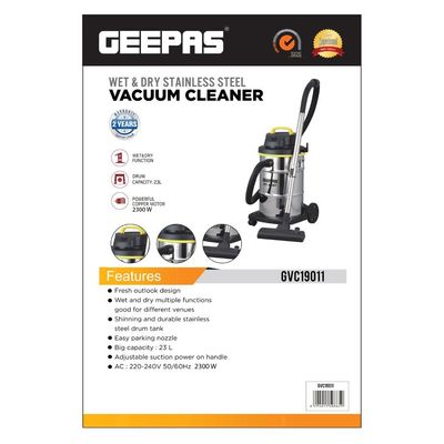 Wet and Dry Stainless Steel Vacuum Cleaner with Elegant Body, Adjustable Suction on Handle / Power Rating : AC 220 â€“ 240 (50/60 Hz) 25 L 2300 W GVC19011N Silver/Black/Yellow