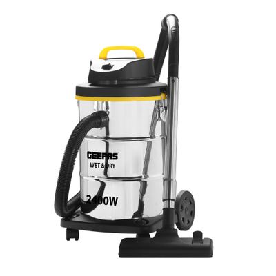Geepas Wet and Dry Stainless Steel Vacuum Cleaner with Elegant Body, Adjustable Suction on Handle / Power Rating : AC 220 â€“ 240 (50/60 Hz) 25 L 2300 W GVC19011N Silver/Black/Yellow