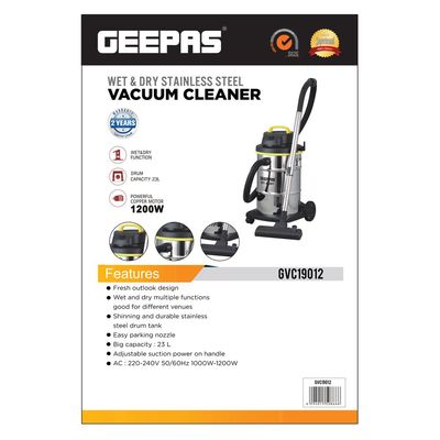 Wet and Dry Vacuum Cleaner | 1200W Stainless Steel Drum Tank with Powerful Copper Motor |Comfortable Handle, Rolling wheels with Easy Parking Nozzle & Dust Full Indicator 23 L 1200 W GVC19012 Silver/Black/Yellow