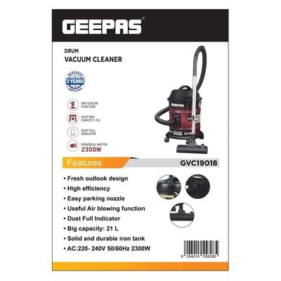 Geepas Drum Type Vacuum Cleaner With 21 L Dust Bag Capacity, Anti-Rust Metallic Body| Powerful Suction And Blower Function 21 L 2300 W GVC19018 Red, Black