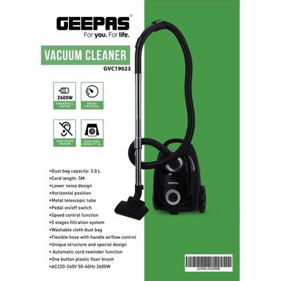 Vacuum Cleaner - Powerful Motor, Cloth Bag & Metal Tube | Speed Control with Low Noise | Ideal Home, Hotel, Shop, Garage & More | 2-Years Warranty 3 L 2600 W GVC19023 Black