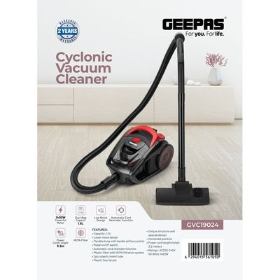 Cyclonic Vacuum Cleaner 1.5L Dust Bag Capacity, Lower Noise Design, Flexible Hose With handle Airflow Control, Pedal On/Off Switch, Automatic Cord Rewinder Function, Hepa Filtration System 1400 W GVC19024 Red Black