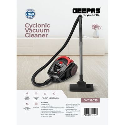 Cyclonic Vacuum Cleaner With 1.5L Dust bag Capacity, Lower Noise Design, Flexible Hose With handle Airflow Control, Pedal On/Off Switch, Automatic Cord Rewinder Function, Hepa Filtration System 1.5 L 2200 W GVC19035 Red, Black