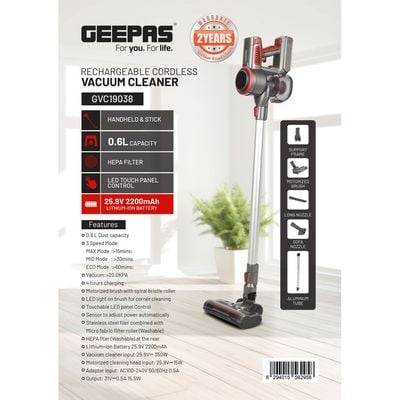 Rechargeable Cordless Vacuum Cleaner, 3 Speed and LED Touch Panel Control, Sensor for Power, Easy to Use Stick Model, Low Noise Design, Long and Sofa Nozzle 0.6 L 350 W GVC19038 Grey, Red