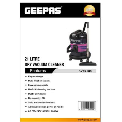 2-in-1 Blow and Dry Vacuum Cleaner - Portable Powerful Copper Motor | Comfortable Handle with Adjustable Suction Power | 21L Capacity - Dust Full Indicator 25 L 2300 W GVC2588 Purple/Pink/Silver