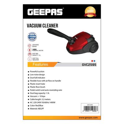 Vacuum Cleaner With Powerful Suction, Low Noise Design, Dust Full Indicator, Flexible Hose With Air Flow On Handle, Plastic Insert Tube, Dustbag 1.5L, Pedal Switch And Auto Rewinding Wire 1.5 L 1400 W GVC2595 Red/ Black