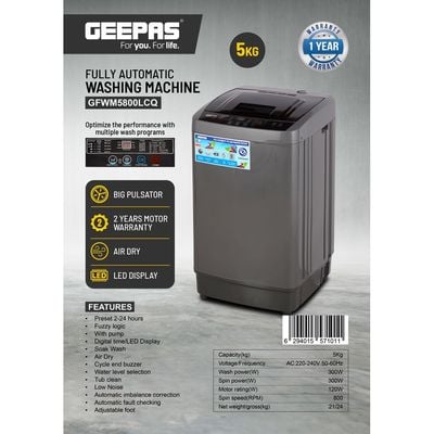 Geepas Fully Automatic Top Load Washing Machine Auto-Imbalance, Gentle Fabric Care, Turbo Wash, Anti Vibration And Noise, Child Lock, Stainless Steel Drum- 5 kg GFWM5800LCQ Metallic Grey