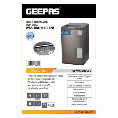 Geepas Fully Automatic Top Load Washing Machine 7KG - Stainless Steel Inner Basket - IMD Controls | Auto Off Memory Power With Auto Balancing 0 W GFWM7800LCQ Silver