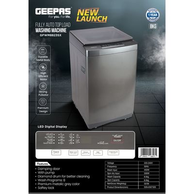 Fully Automatic Washing Machine Fully Digital Control and Automatic Top Load Washing Machine 8 kg GFWM8823SX Grey