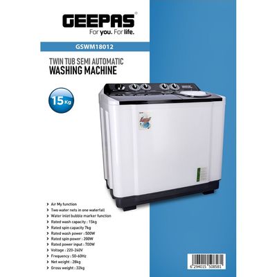 Geepas Twin Tub Semi-Automatic Washing Machine| Fully Knob Control and Semi-Automatic Top Load Washing Machine| Two Water Nets in One Waterfall| Water Inlet Bubble Marker Function 700 W GSWM18012 White/Black