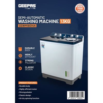 Twin Tub Semi-Automatic Washing Machine 13 Kg| 7Kg Spin Capacity Equipped with Strong Pulsator and Air Dry Spinning Function| Efficient Performance and Classic Design| Perfect for Home, Apartments | 1 Year Warranty 820 W GSWM18014N White/Blue