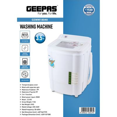 Washing Machine, 2-in-1 Function, 3.5 Kg- Tempered Glass Cover, Wash with Separate Spin, High Spin Speed, 2 Years Warranty GSWM18040 White