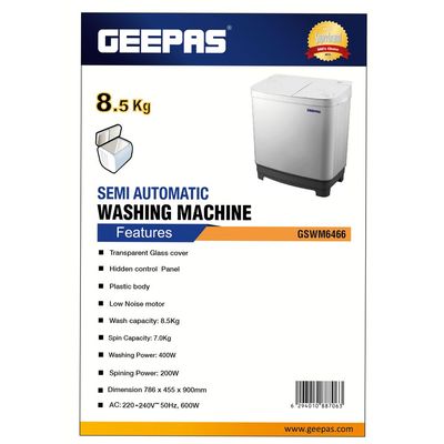 Twin Tub Semi-Automatic Washing Machine- GSWM6466| Hidden Control Panel and Semi-Automatic Top Load Washing Machine| Spin Capacity: 7.0 KG| White 400 W GSWM6466 White