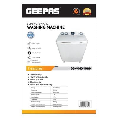 Geepas Twin Tub Semi-Automatic Washing Machine| High Back Control Panel and Semi-Automatic Top Load Washing Machine, Ripple Pulsator| Highly Effecient with Classic Design 400 W GSWM6468 White