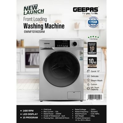 Geepas Fully Automatic Washing Machine GWMF10140, Automatic Front Load Washing Machine, Equipped With 15 Programs Including Quick Wash, Steam Wash, Cotton, Child Lock, 10 KG Capacity And 69L Drum Cap. 10 kg 2000 W GWMF10140SRM Silver/Black