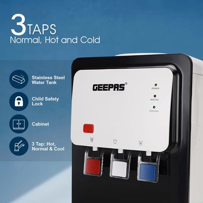 Geepas Hot and Cold Top Loded Water Dispenser| Stainless Steel Water Tank with Fast Cooling and 2 Taps, Hot and Cold| Low Noise and Environment Friendly, Perfect for Home, Shopping Malls, and Office GWD17019 white