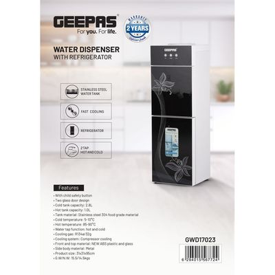 Top Loaded Water Dispenser With Refrigerator With Stainless Steel water Tank, Fast Cooling, 2 Tap- Hot & Cold, Child Safety Button, Cold Tank -2.8L Capacity, Hot Tank 1L Caacity GWD17023 Black & White