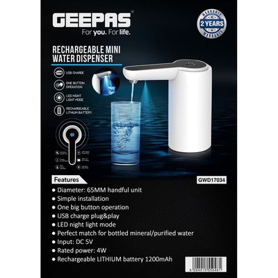 Rechargeable Mini Water Dispenser Portable and Light-Weight Pump with Easy Press Mechanism and USB Charge Plug and Play GWD17034 White and Black