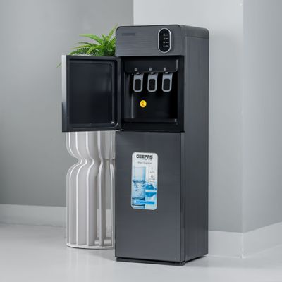 Geepas Bottom Loading Water Dispenser| Normal, Hot and Cold Function, Compressor Cooling, And 3 Taps| Cold Temperature: 4-12 Degrees Celsius; Hot Temperature: 85-95 Degrees Celsius| Perfect For Home And Office| Metallic grey, 2 Year Warranty GWD17037 Grey & Black