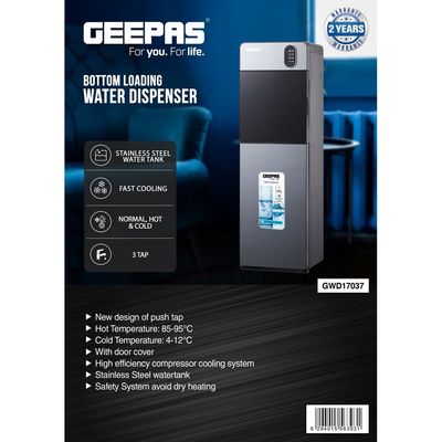 Geepas Bottom Loading Water Dispenser| Normal, Hot and Cold Function, Compressor Cooling, And 3 Taps| Cold Temperature: 4-12 Degrees Celsius; Hot Temperature: 85-95 Degrees Celsius| Perfect For Home And Office| Metallic grey, 2 Year Warranty GWD17037 Grey & Black