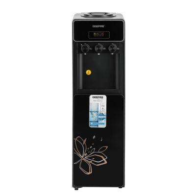 Geepas Hot And Cold Water Dispenser With Cabinet, Stainless Steel Water Tank, Normal, Hot & Cold Function, Child Safety Lock, Adjustable Water Flow, 3 Knob Tap, Glass Door, Low Noise, High Efficient GWD17038 Black