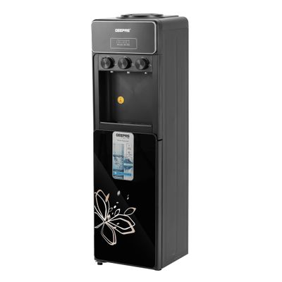 Geepas Hot And Cold Water Dispenser With Cabinet, Stainless Steel Water Tank, Normal, Hot & Cold Function, Child Safety Lock, Adjustable Water Flow, 3 Knob Tap, Glass Door, Low Noise, High Efficient GWD17038 Black