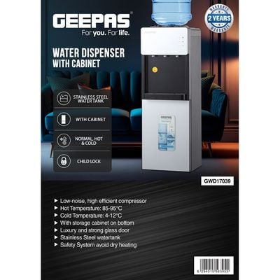 Geepas Top Loaded Water Dispenser with Cabinet | Normal, Hot and Cold Function, And 3 Taps| Cold Temperature: 4-12 Degrees Celsius; Hot Temperature: 85-95 Degrees Celsius| Perfect For Home And Office| 2 Year Warranty GWD17039 White