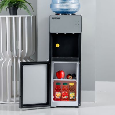 Geepas Top Loaded Water Dispenser with Cabinet | Normal, Hot and Cold Function, And 3 Taps| Cold Temperature: 4-12 Degrees Celsius; Hot Temperature: 85-95 Degrees Celsius| Perfect For Home And Office| 2 Year Warranty GWD17039 White