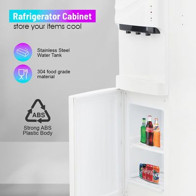 Geepas Water Dispenser with Refrigerator| Stainless Steel Water Tank with Compressor Cooling and 3 Taps, Hot, Normal and Cold| Equipped with Child Safety Button| Perfect for Home and Office| 2 Years Warranty GWD8355 White