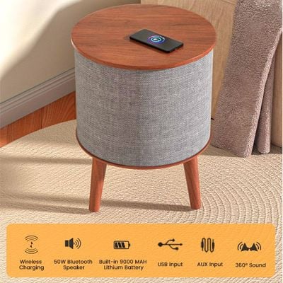 Nourest 3 in 1 Smart Wireless Charging Table with Bluetooth Speakers & USB Station - 50W - Walnut Colour