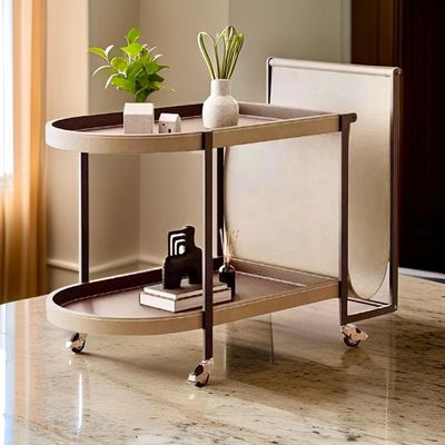 Alwan 2 Tier Leather Coffee Table / Bar Table On Wheels By Quesera L60 cm x W35 cm x H56 cm - Beige