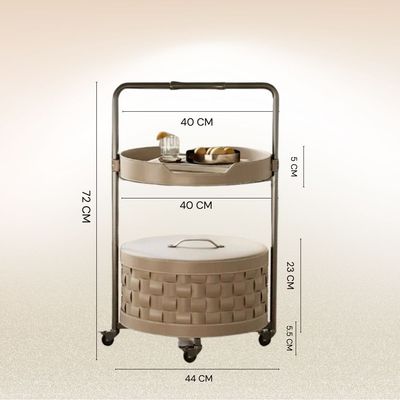 Moda Leather Accent Side Table/ Storage Cart On Wheels- Beige By Quesera L44 cm x W40 cm x H72 cm - Beige