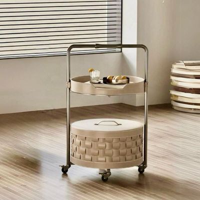 Moda Leather Accent Side Table/ Storage Cart On Wheels- Beige By Quesera L44 cm x W40 cm x H72 cm - Beige
