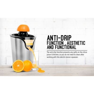 Geepas Citrus Juicer Electric Orange Juicer | Professional Brushed Stainless Steel Fruit Juicer | Squeezes Oranges Lemons Lime Juices | Freshly Pressed Fruit Juices in Seconds 100 W GCJ46013UK Silver/Black