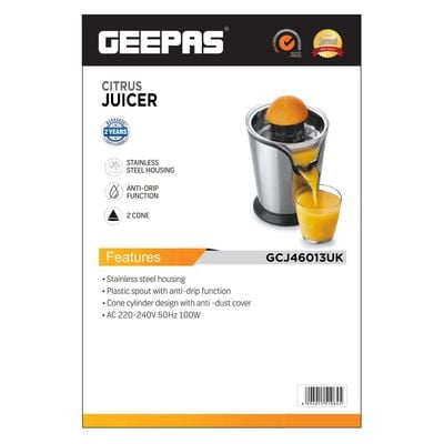 Geepas Citrus Juicer Electric Orange Juicer | Professional Brushed Stainless Steel Fruit Juicer | Squeezes Oranges Lemons Lime Juices | Freshly Pressed Fruit Juices in Seconds 100 W GCJ46013UK Silver/Black