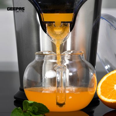 Geepas Citrus Juicer Electric Orange Juicer | Professional Brushed Stainless Steel Fruit Juicer | Squeezes Oranges Lemons Lime Juices | Freshly Pressed Fruit Juices in Seconds 100 W GCJ46013UK Silver/Black