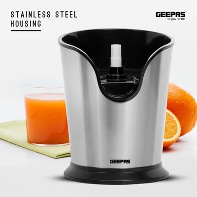 Geepas Citrus Juicer Electric Orange Juicer | Professional Brushed Stainless Steel Fruit Juicer | Squeezes Oranges Lemons Lime Juices | Freshly Pressed Fruit Juices in Seconds 100 W GCJ46013UK Silver/Black