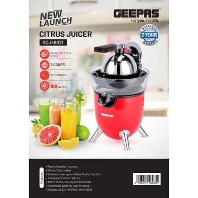 Geepas Citrus Juicer With Stainless Steel Spout, 2 Cones, With Handle, 100 Watts Power, Plastic Injection Housing, Plastic Filter Basket, Transparent Juicer Collector, Detachable Parts For Easy Clean 100 W GCJ46021 Red