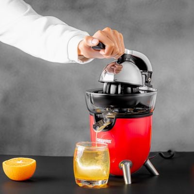 Geepas Citrus Juicer With Stainless Steel Spout, 2 Cones, With Handle, 100 Watts Power, Plastic Injection Housing, Plastic Filter Basket, Transparent Juicer Collector, Detachable Parts For Easy Clean 100 W GCJ46021 Red