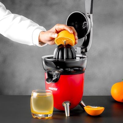 Geepas Citrus Juicer With Stainless Steel Spout, 2 Cones, With Handle, 100 Watts Power, Plastic Injection Housing, Plastic Filter Basket, Transparent Juicer Collector, Detachable Parts For Easy Clean 100 W GCJ46021 Red