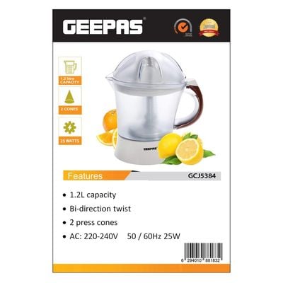 Geepas 25 Watt Citrus Juicer - Quick, Healthy, Nutritious Juices - Effortless Juicer With 2 Cones, Bi-Direction Twist, 1.2 Liter Capacity | 2-Years Warranty 1.2 L 25 W GCJ5384 White