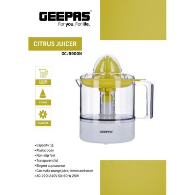 Geepas Portable Citrus Juicer Set Non Slip Feet Transparent Lid Plastic Body Effortless Juicer with 2 Cones Bi-Direction Twist for Quick Nutritious Juices 1 L 25 W GCJ9900 Yellow/White