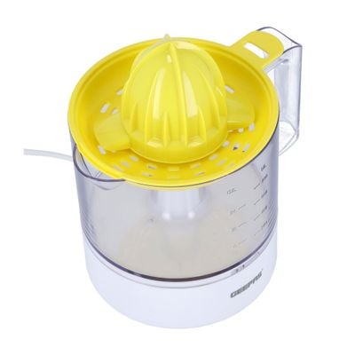 Geepas Portable Citrus Juicer Set Non Slip Feet Transparent Lid Plastic Body Effortless Juicer with 2 Cones Bi-Direction Twist for Quick Nutritious Juices 1 L 25 W GCJ9900 Yellow/White