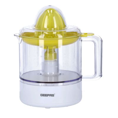 Geepas Portable Citrus Juicer Set Non Slip Feet Transparent Lid Plastic Body Effortless Juicer with 2 Cones Bi-Direction Twist for Quick Nutritious Juices 1 L 25 W GCJ9900 Yellow/White